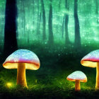 Enchanted forest scene with glowing mushrooms and misty trees
