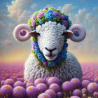 Illustration of sheep with floral wreath in purple flower field