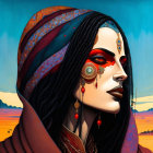 Detailed traditional jewelry and makeup on a woman in a vivid desert setting