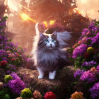 Blue-eyed cat surrounded by vibrant florals against fiery cityscape