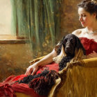 Woman in Red Dress with Ornate Necklace Holding Black Spaniel on Gold Armchair
