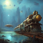 Vintage-style train in surreal landscape with rock formations, water, and flying saucers