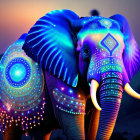 Luminescent blue elephant with glowing patterns on dusk sky