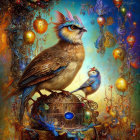 Vibrant painting of large bird on ornate cage with glowing orbs