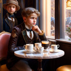 Two elegantly dressed young boys in a posh cafe, one sitting at a table with coffee cups