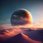 Surreal landscape with sand dunes, oversized planet, smaller celestial body, and comet under twilight
