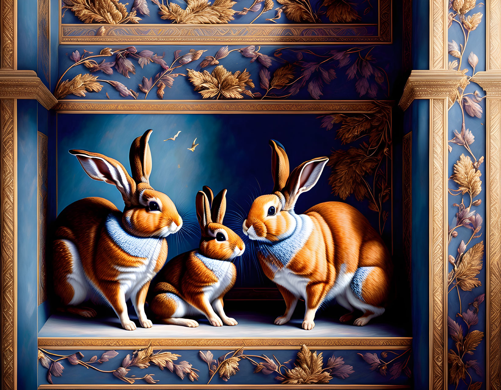 Stylized rabbits in blue sweaters with golden foliage on deep blue background