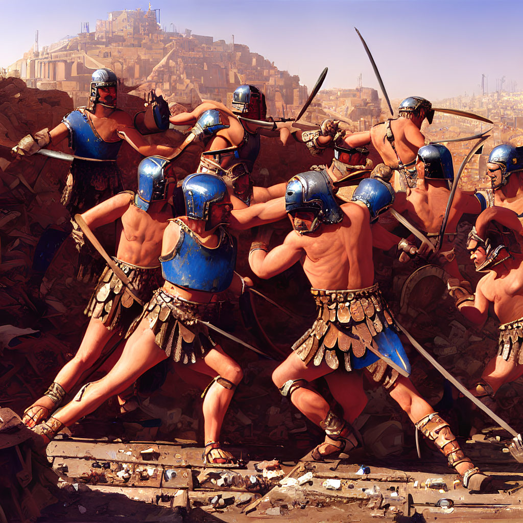 Ancient warriors in helmets and skirts battle near a fortified city