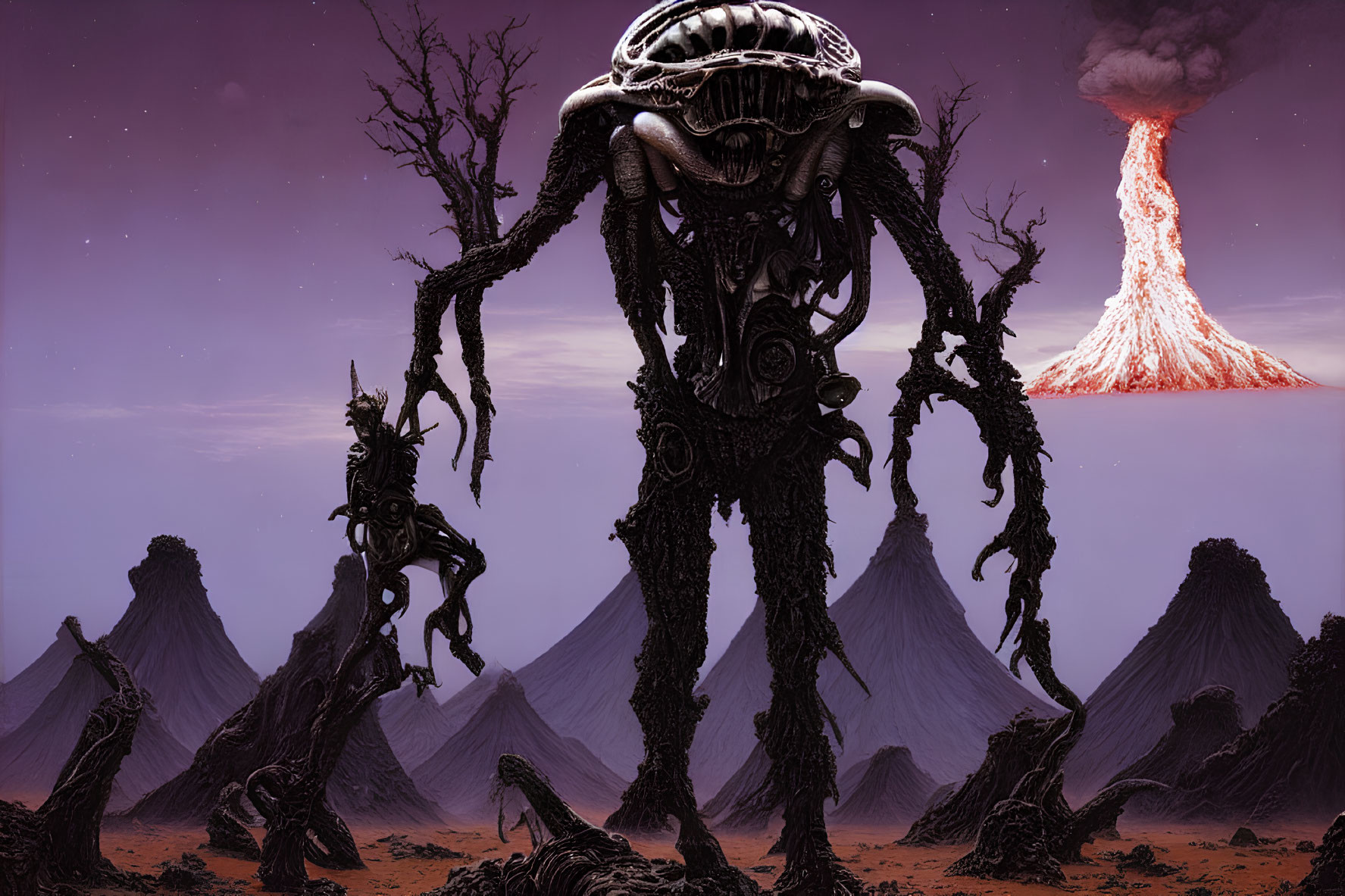 Surreal landscape with biomechanical entity, figures, twisted trees, purple sky, volcano