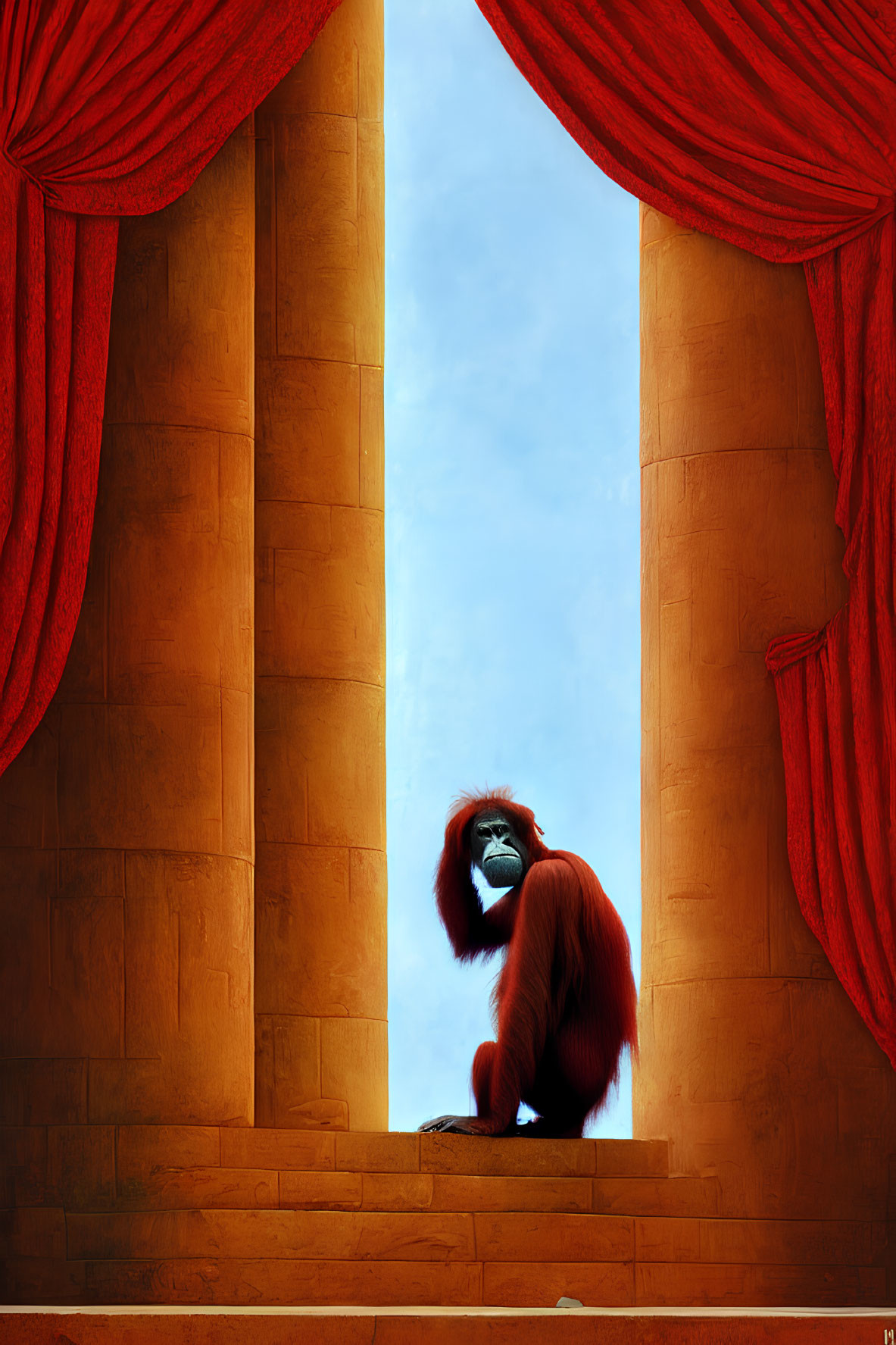 Red-haired orangutan between pillars and red curtains against blue sky.