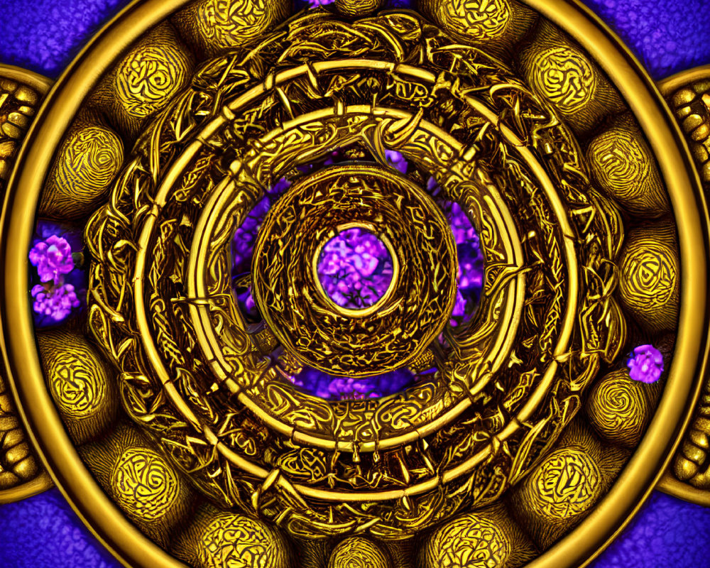 Intricate Golden Patterns on Purple Background with Circles