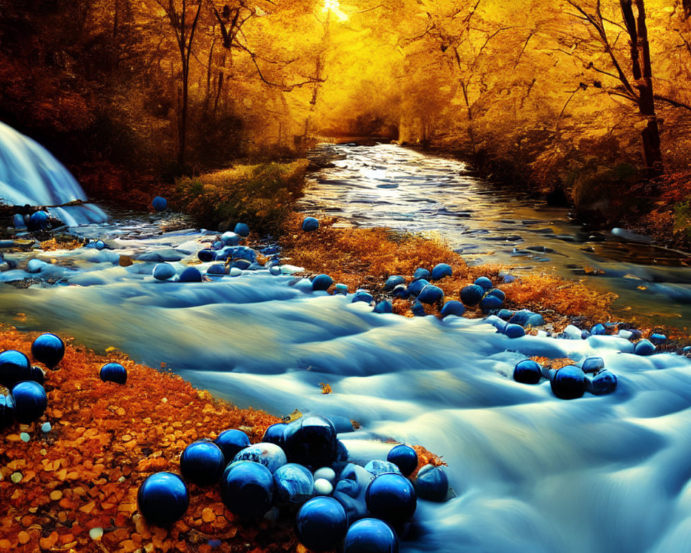 Tranquil autumn stream with waterfall, golden trees, and blue spheres