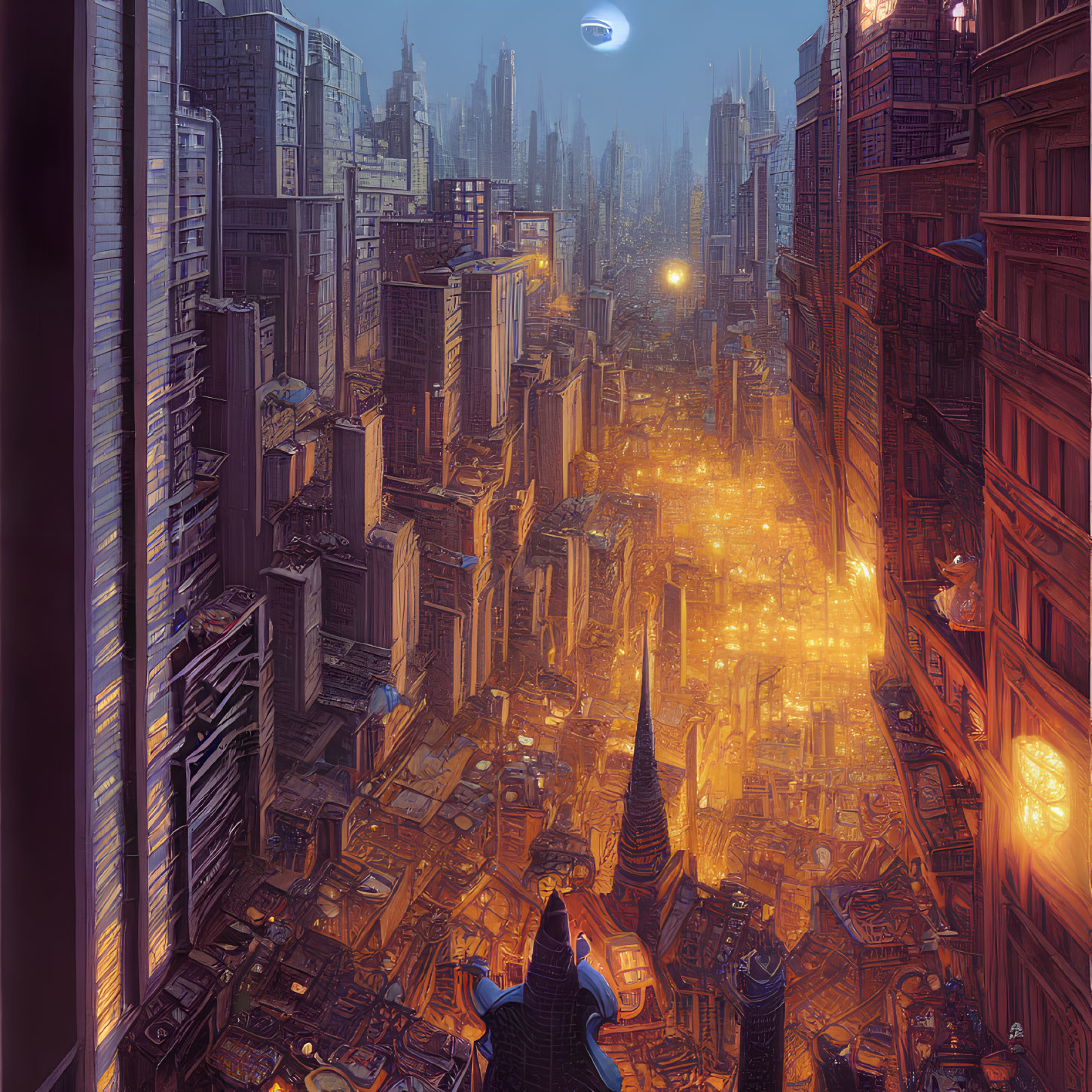 Futuristic cityscape at dusk with tall glowing buildings