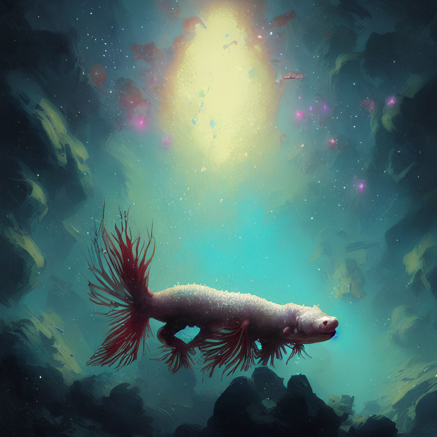 Vibrant red gills on axolotl-like creature in ethereal underwater scene