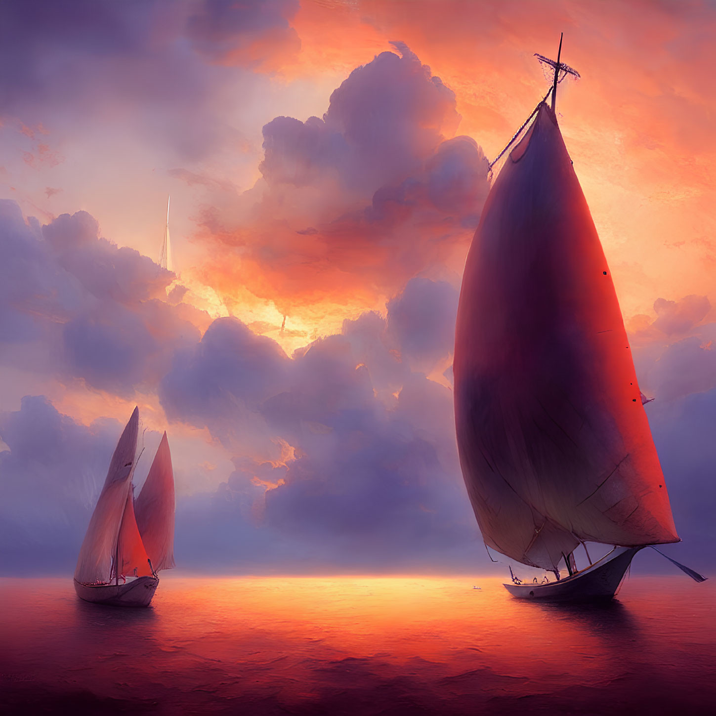 Sailboats on tranquil sea under dramatic orange sunset sky