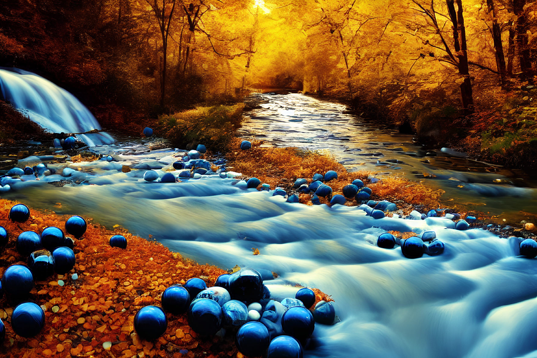 Tranquil autumn stream with waterfall, golden trees, and blue spheres