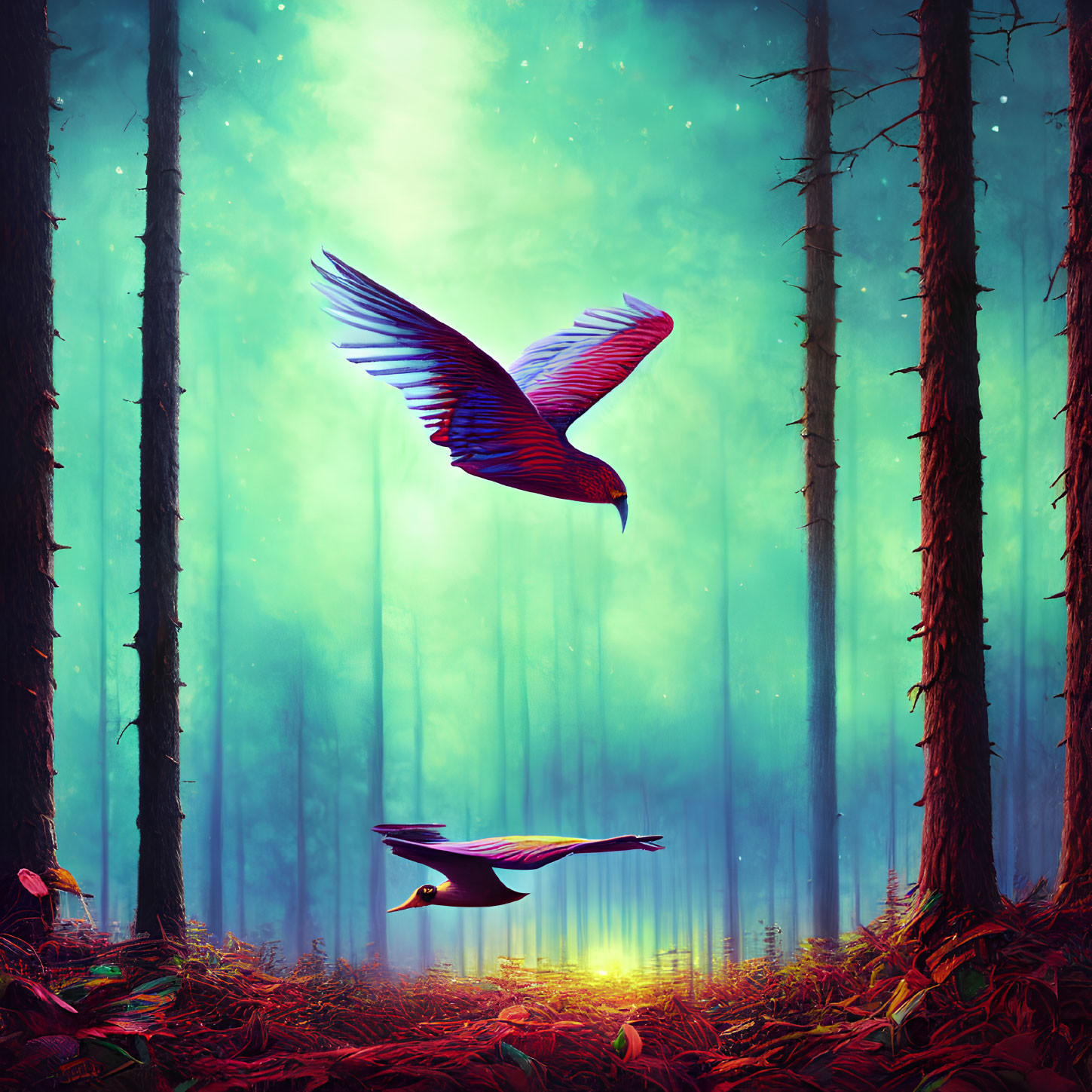 Colorful birds soar in enchanted forest with tall trees and mystical atmosphere.
