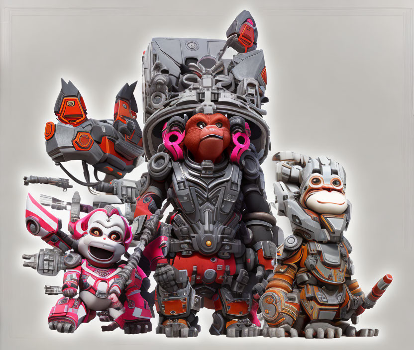 Stylized robotic animals featuring silverback gorilla and monkey-like robots in gray and pink.