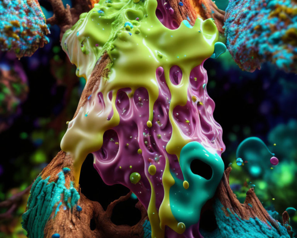 Colorful Liquid Droplets Mixing on Wooden Surface