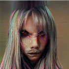 Intense gaze person with rainbow hair and orange mustache on neutral background
