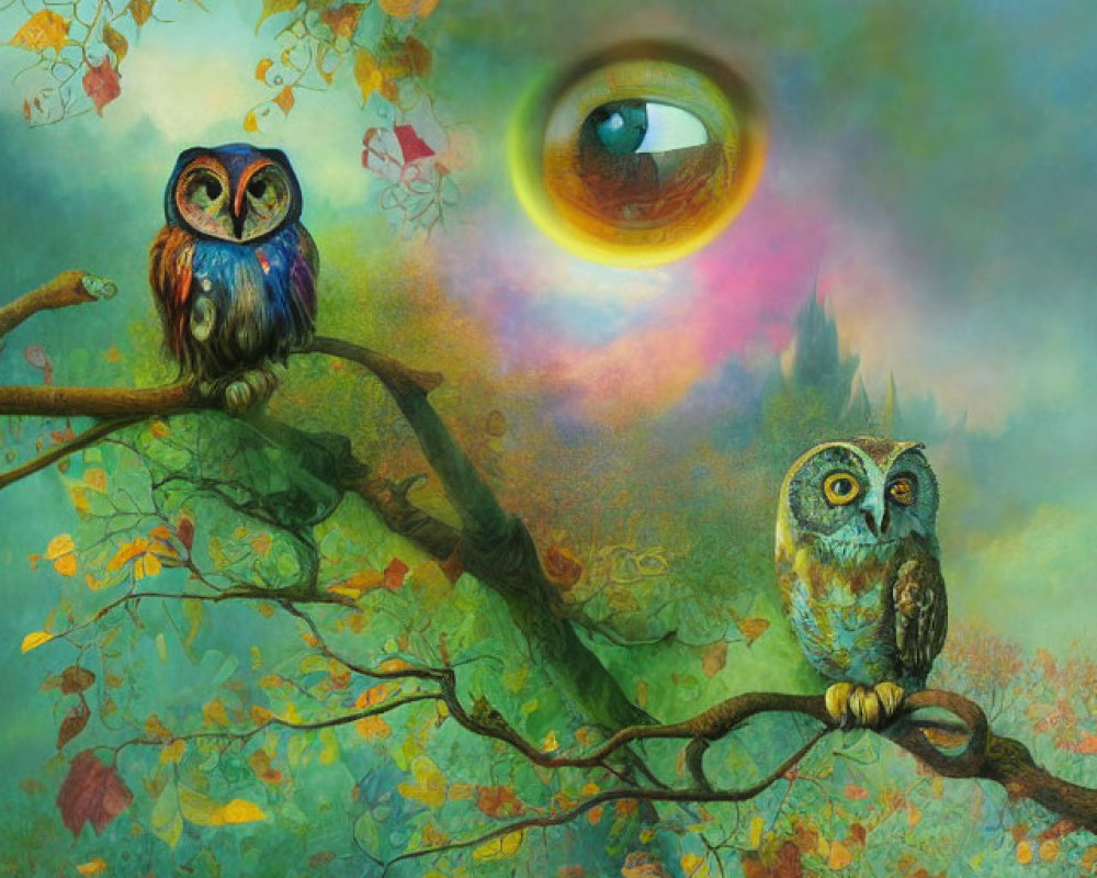 Surrealist painting featuring owls, foliage, and a detailed eye