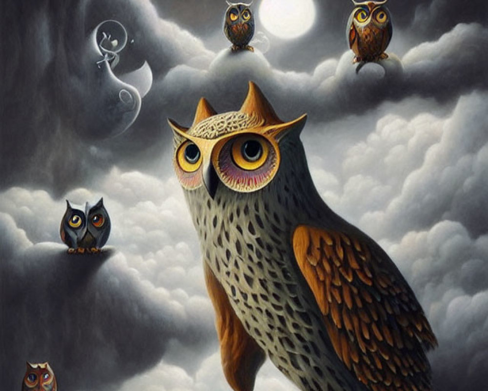 Stylized painting of five owls under full moon