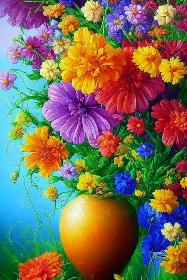 Colorful Flower Bouquet in Yellow Vase on Blue Background
