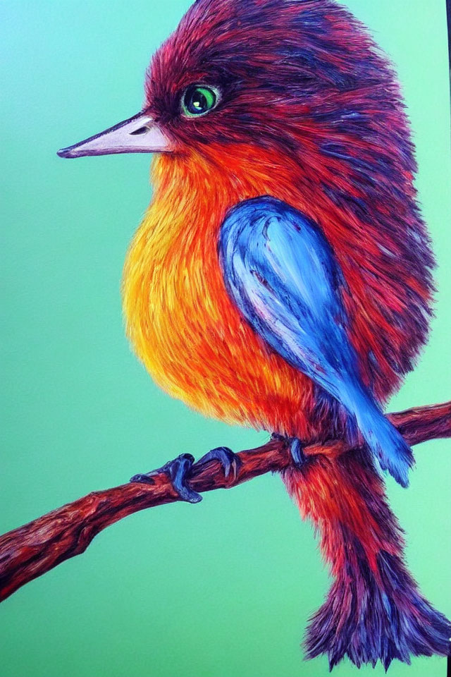 Colorful Bird Illustration with Red, Orange, and Blue Feathers on Branch