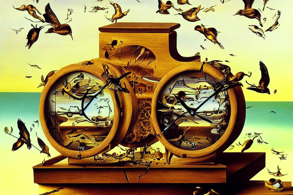 Distorted clock with bicycle-like gears and flying birds on striped background