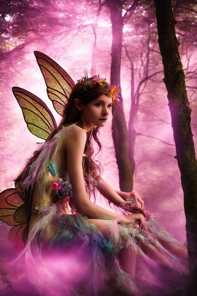 Fairy costume with iridescent wings in pink magical forest