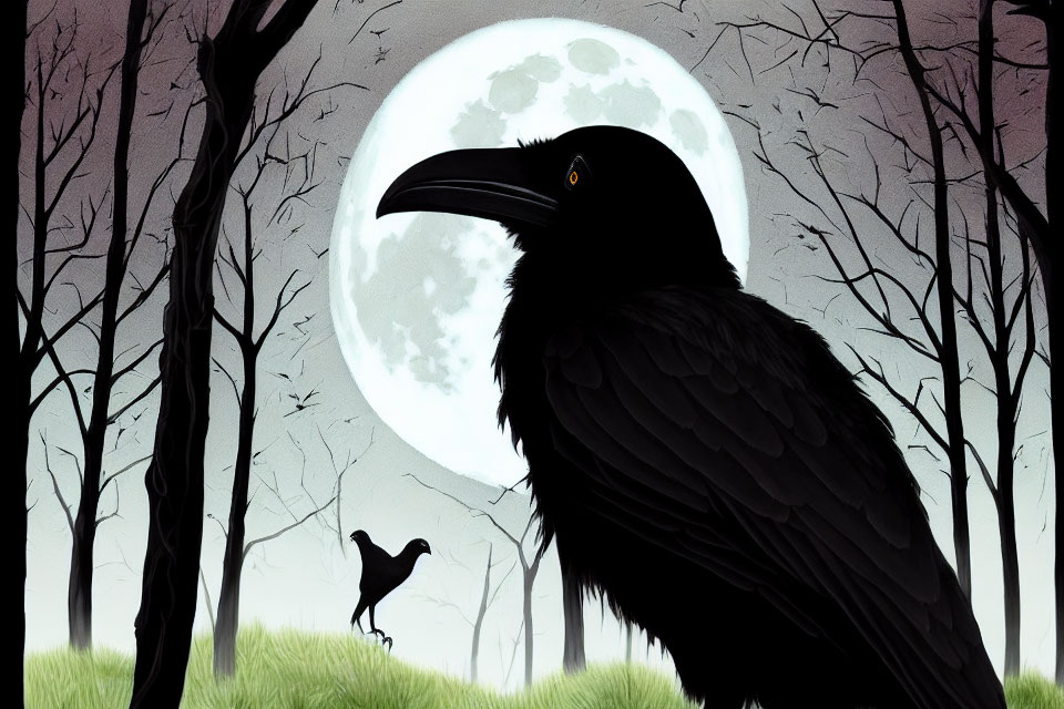 Mystical full moon scene with large and small ravens