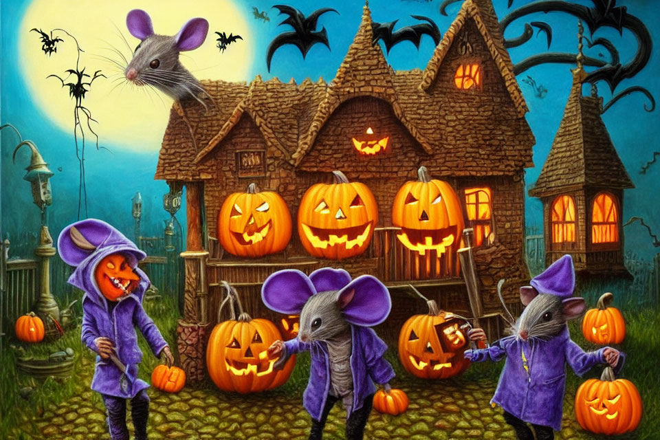 Anthropomorphic mice in purple outfits with jack-o'-lanterns near spooky house.