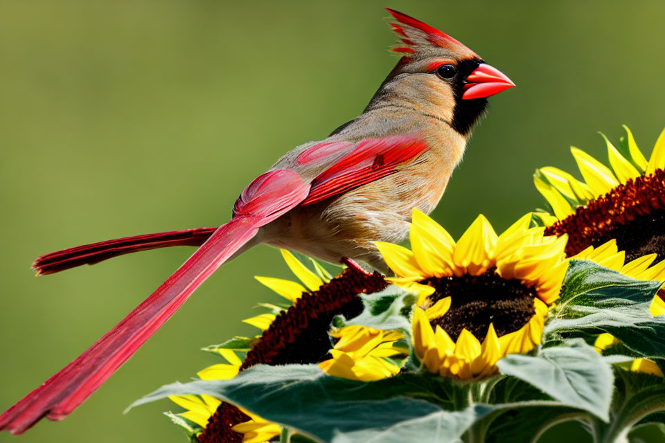 Colorful Northern Cardinal on Sunflower with Green Background
