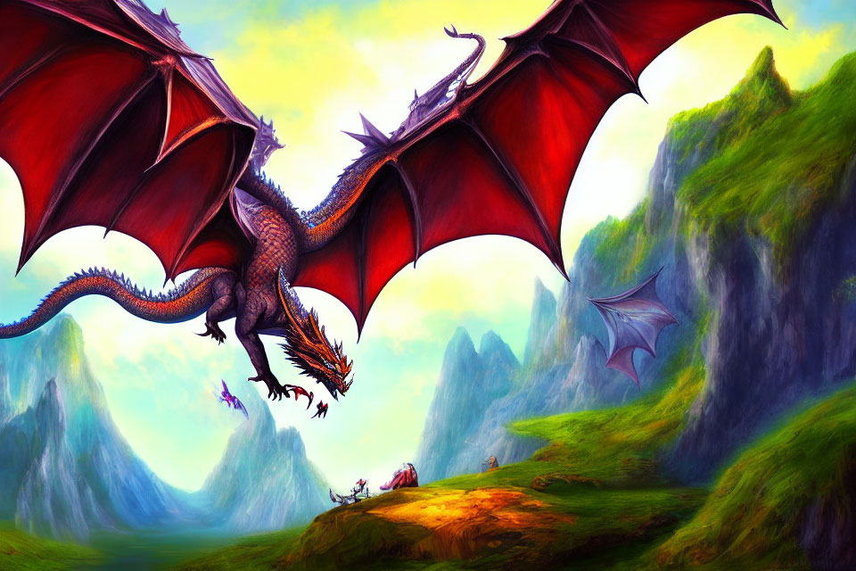 Red dragon landing in lush valley with mountains & flying dragons