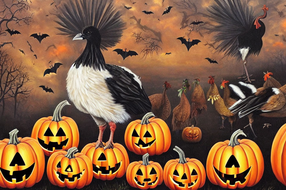 Monochrome bird on pumpkins with bats in twilight autumn scene