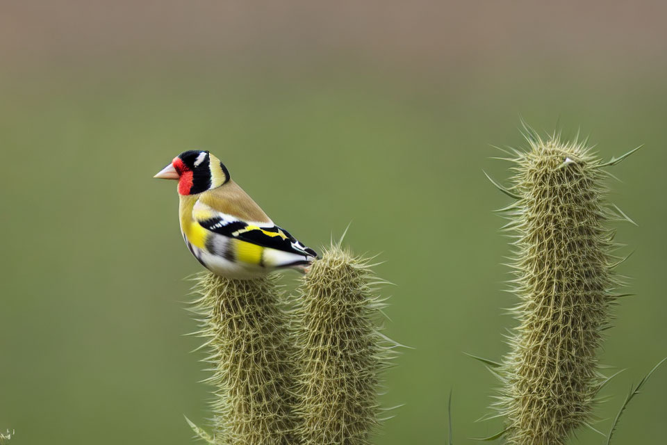 Vibrant goldfinch on green thistle with soft background