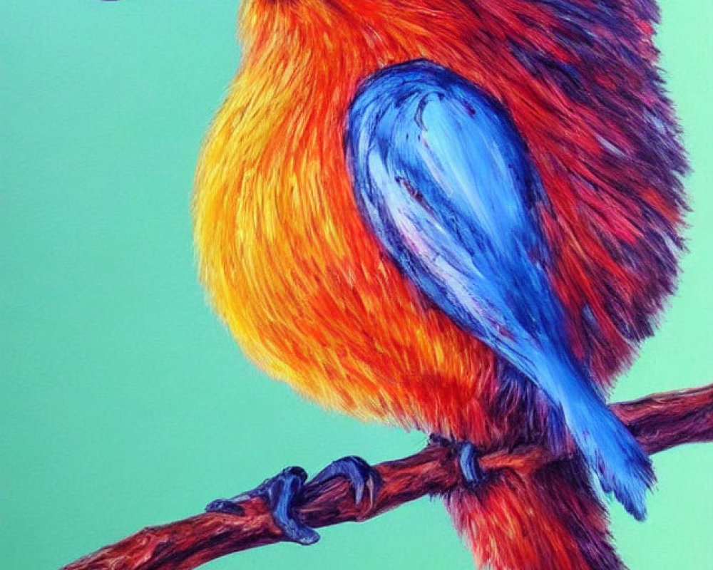 Colorful Bird Illustration with Red, Orange, and Blue Feathers on Branch