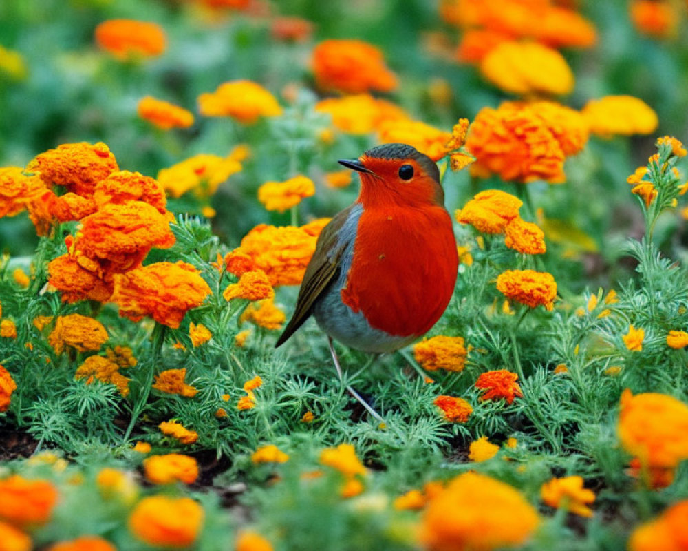 Colorful Bird Perched Among Marigold Flowers