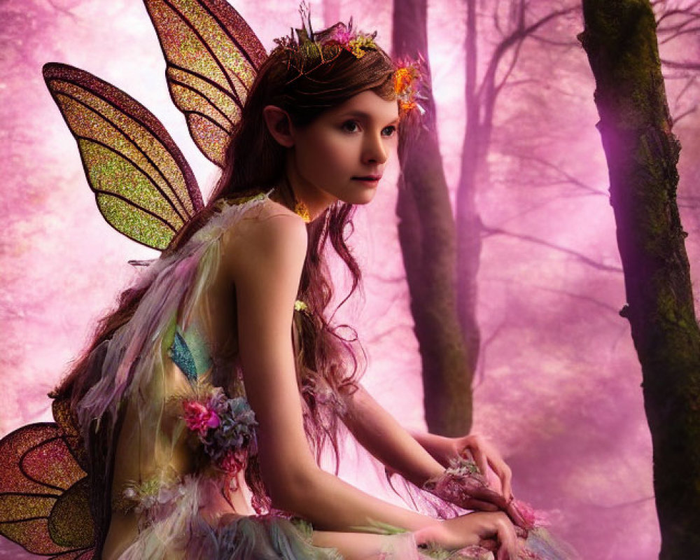 Fairy costume with iridescent wings in pink magical forest