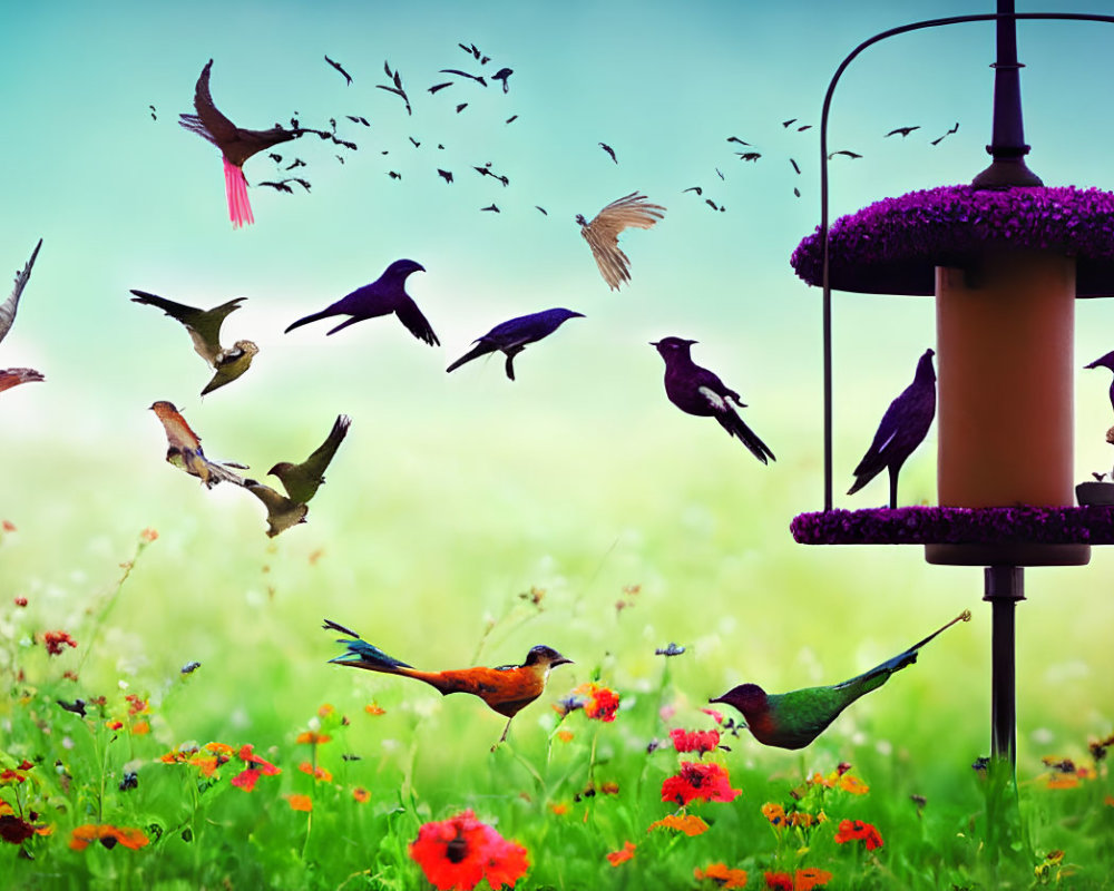 Colorful Birds Flocking Around Feeder in Lush Garden