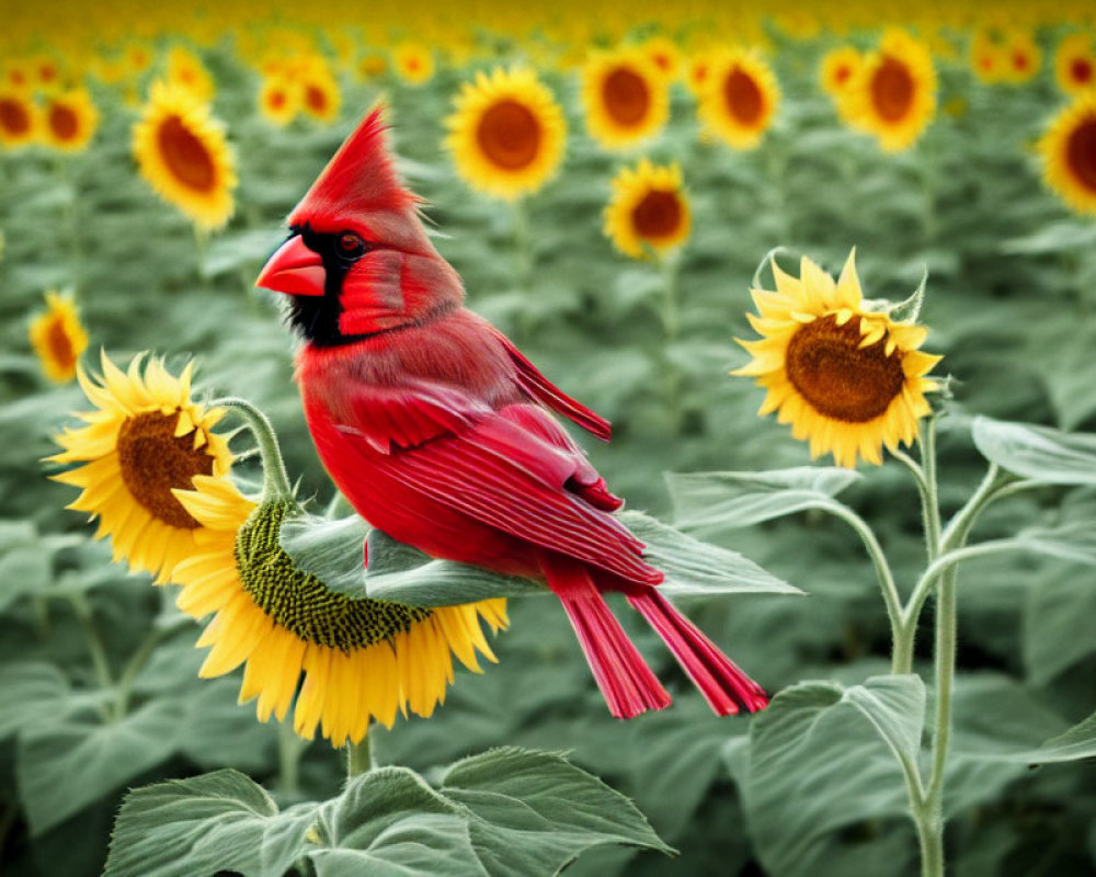 Red cardinal on sunflower in vibrant field with selective color treatment