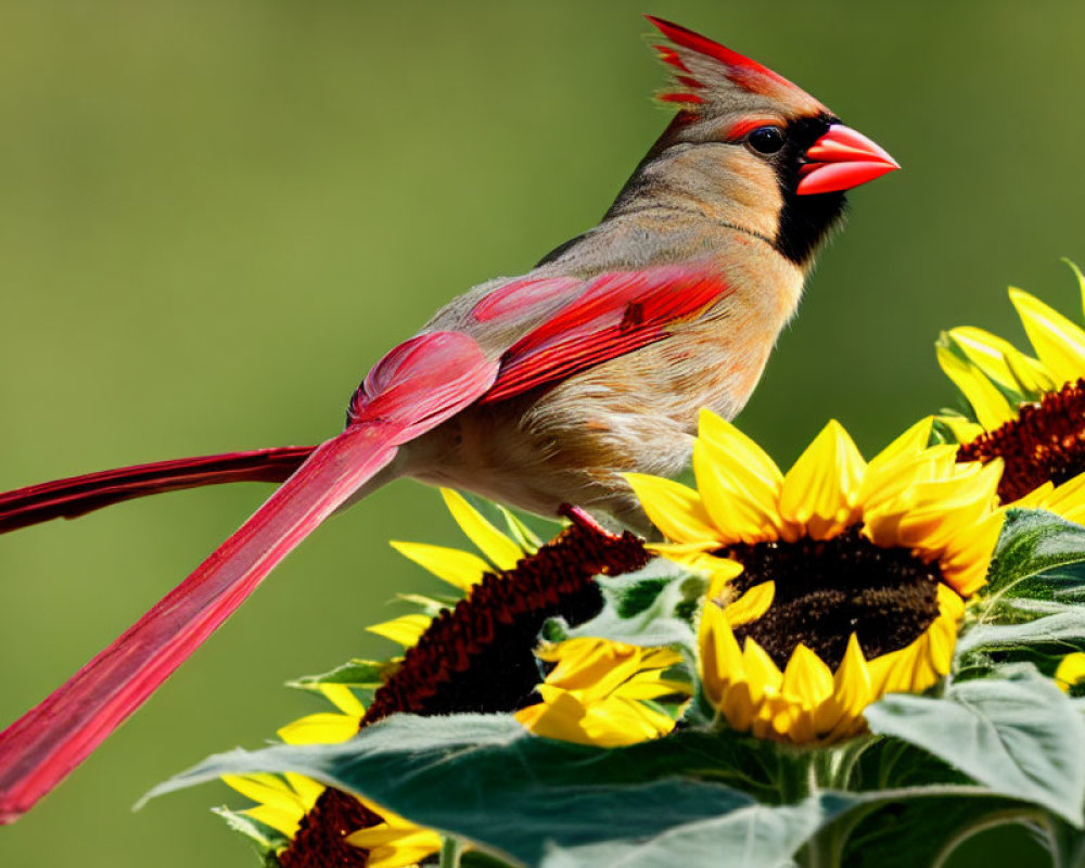 Colorful Northern Cardinal on Sunflower with Green Background