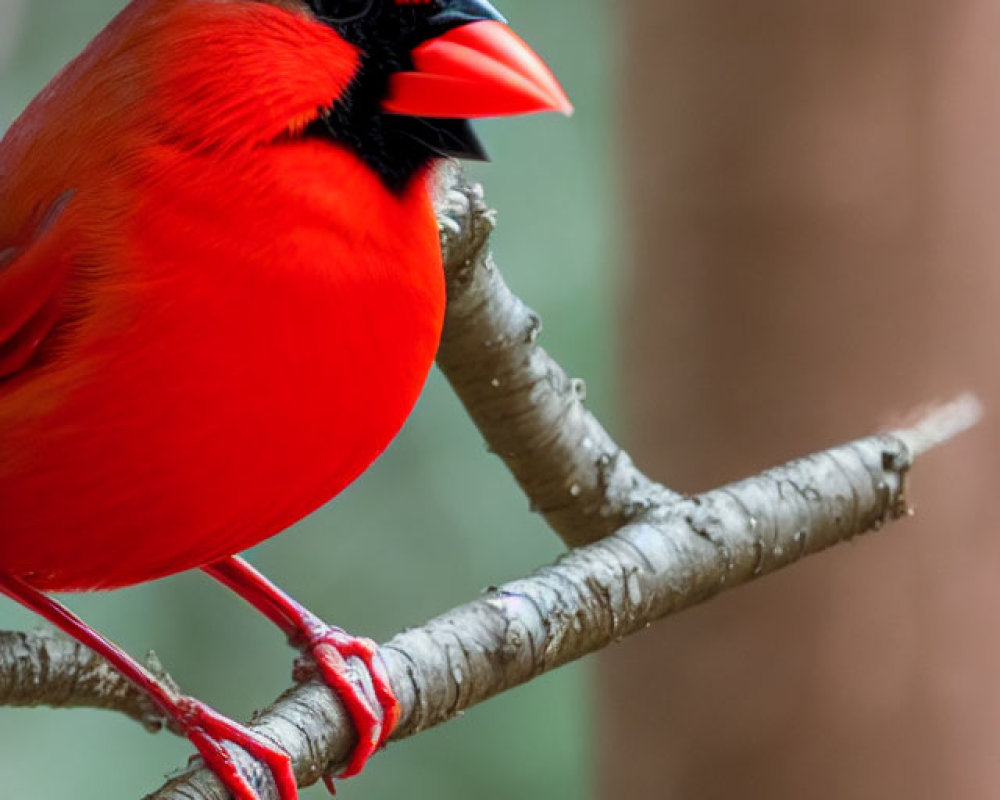 Colorful Red Cardinal on Branch with Green Background and Yellow Leaf
