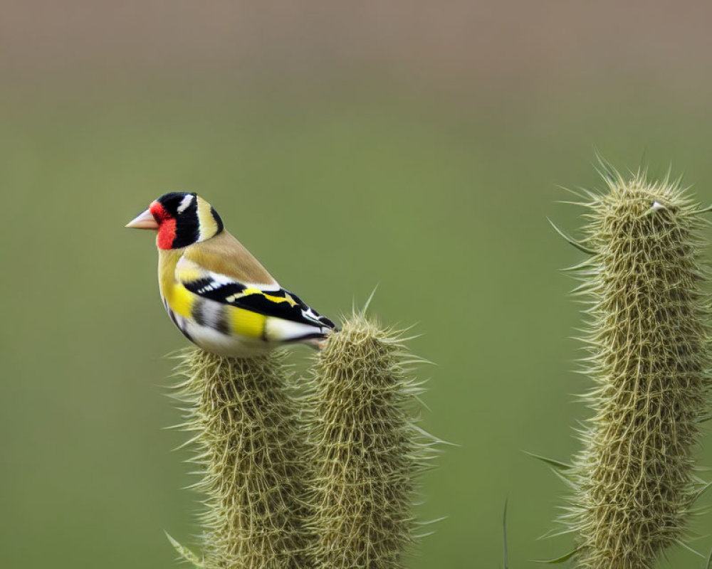 Vibrant goldfinch on green thistle with soft background
