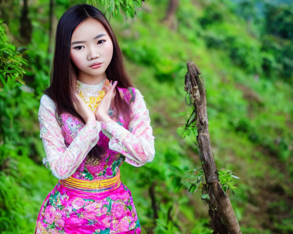 Woman in traditional floral Asian dress surrounded by greenery
