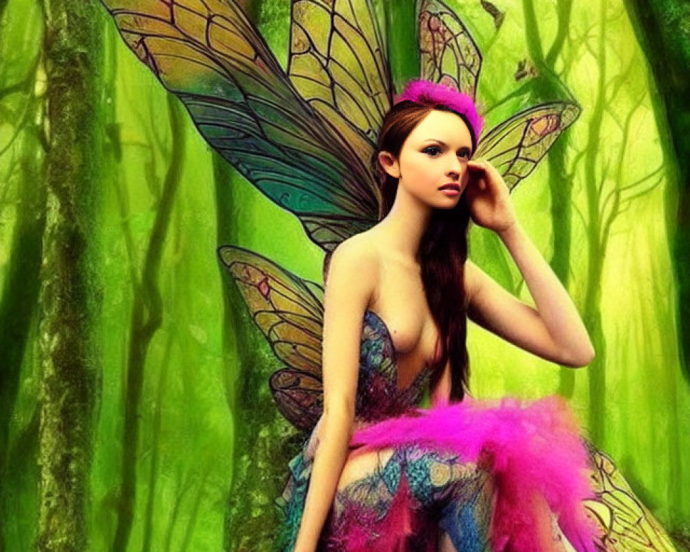 Woman with Vibrant Butterfly Wings in Enchanted Green Forest