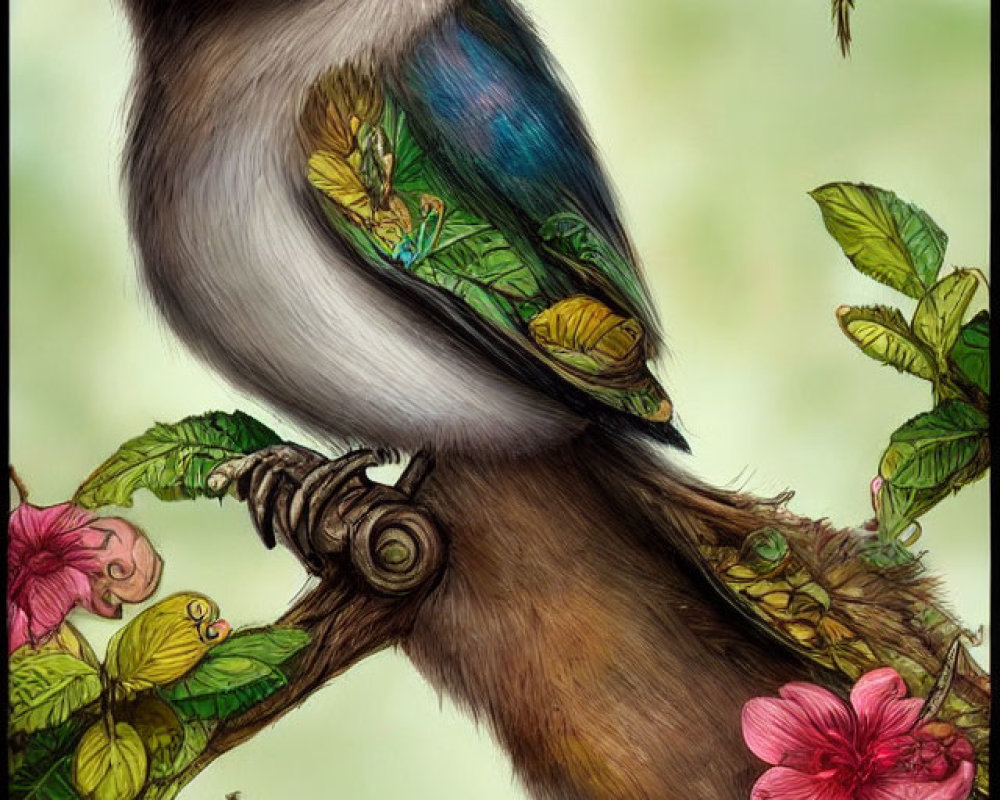 Colorful Bird Illustration with Vivid Blue Eyes Perched on Branch