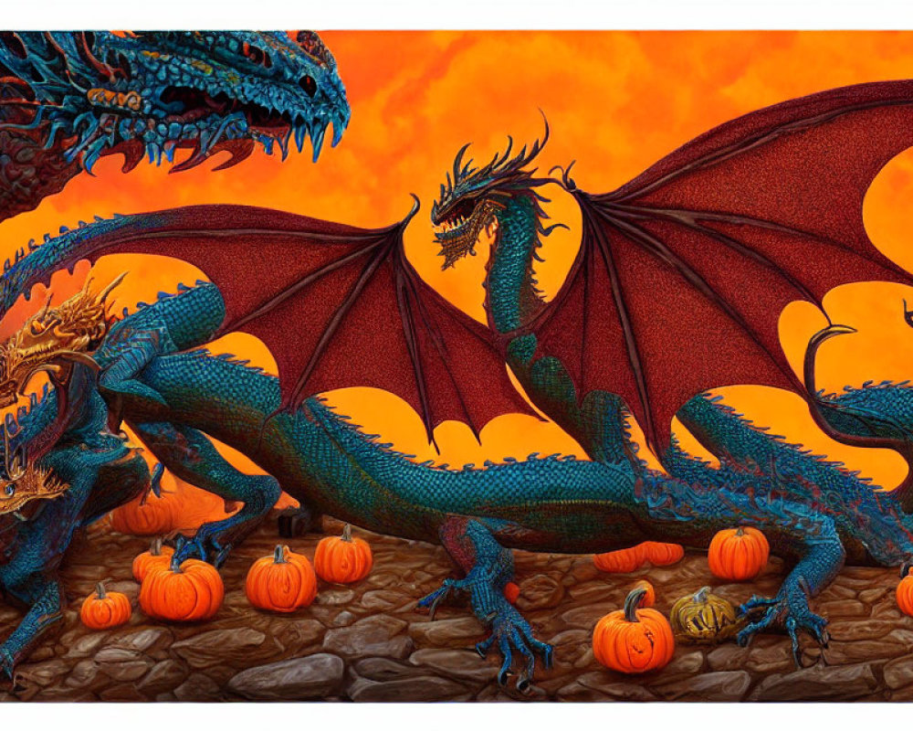 Ornate Blue Dragons with Pumpkins in Autumnal Setting
