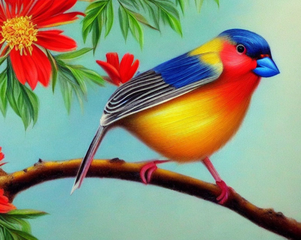 Colorful bird perched on branch with red flowers and green leaves