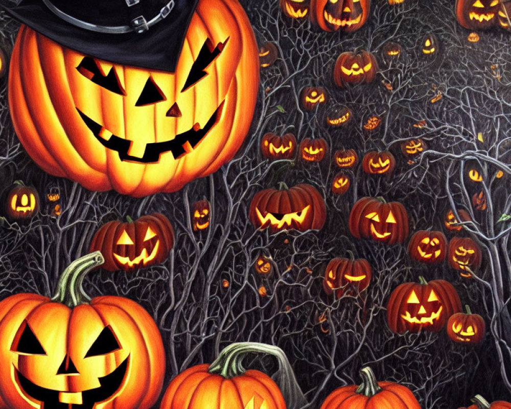 Illustration of Glowing Jack-o'-lanterns in Spooky Halloween Scene